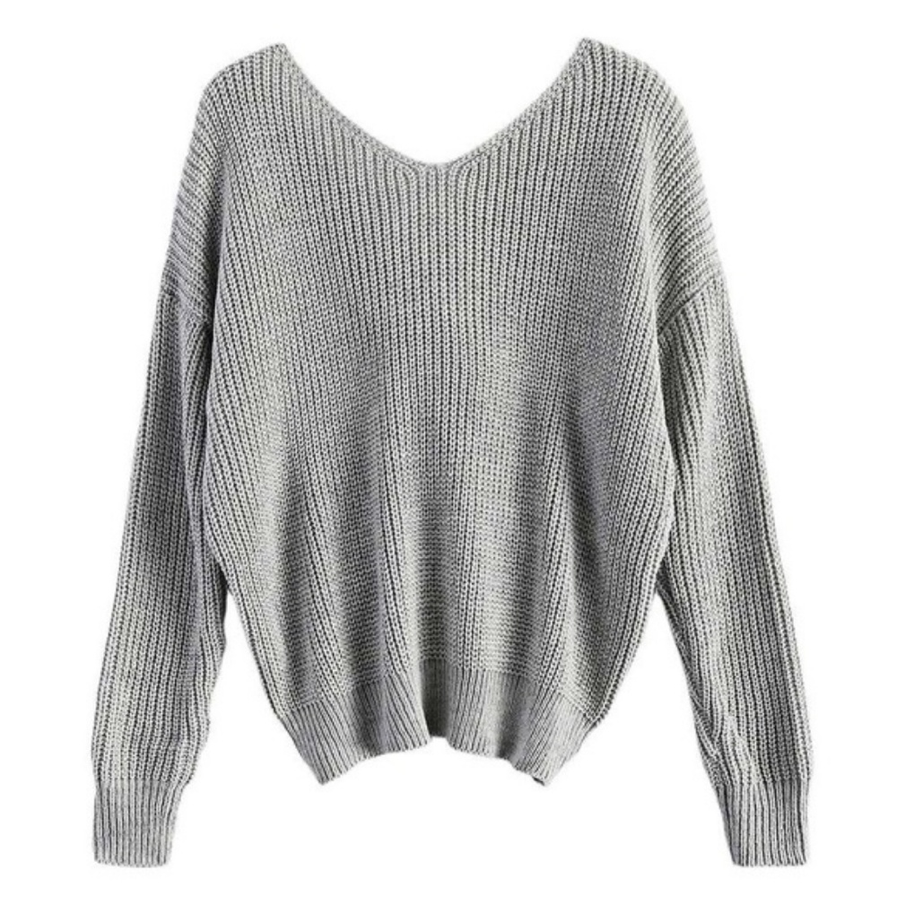 ⬇️ $49 Gray V Neck Twisted Knot Back Sweater Gray - Picture 3 of 8